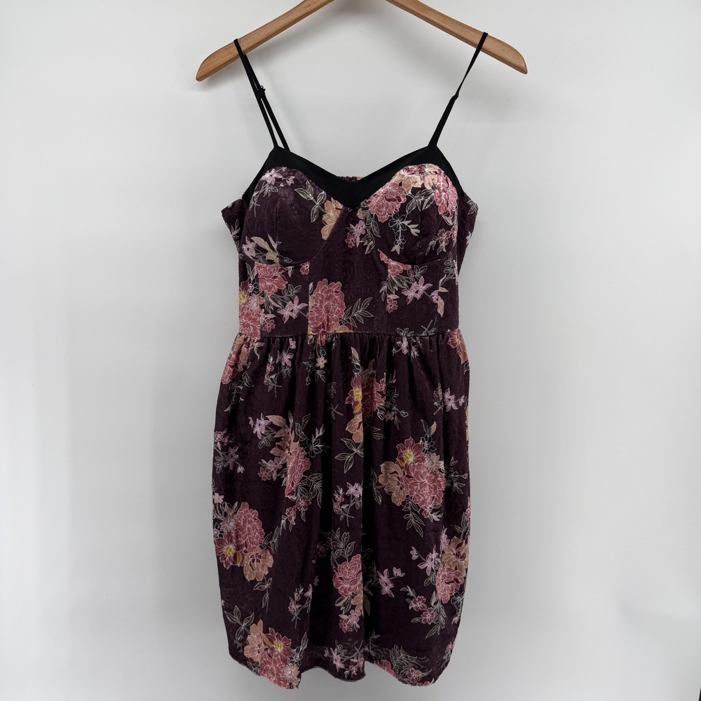 Xhilaration Floral Velvet Mini Dress Purple Sweetheart Neck Pockets Large y2K